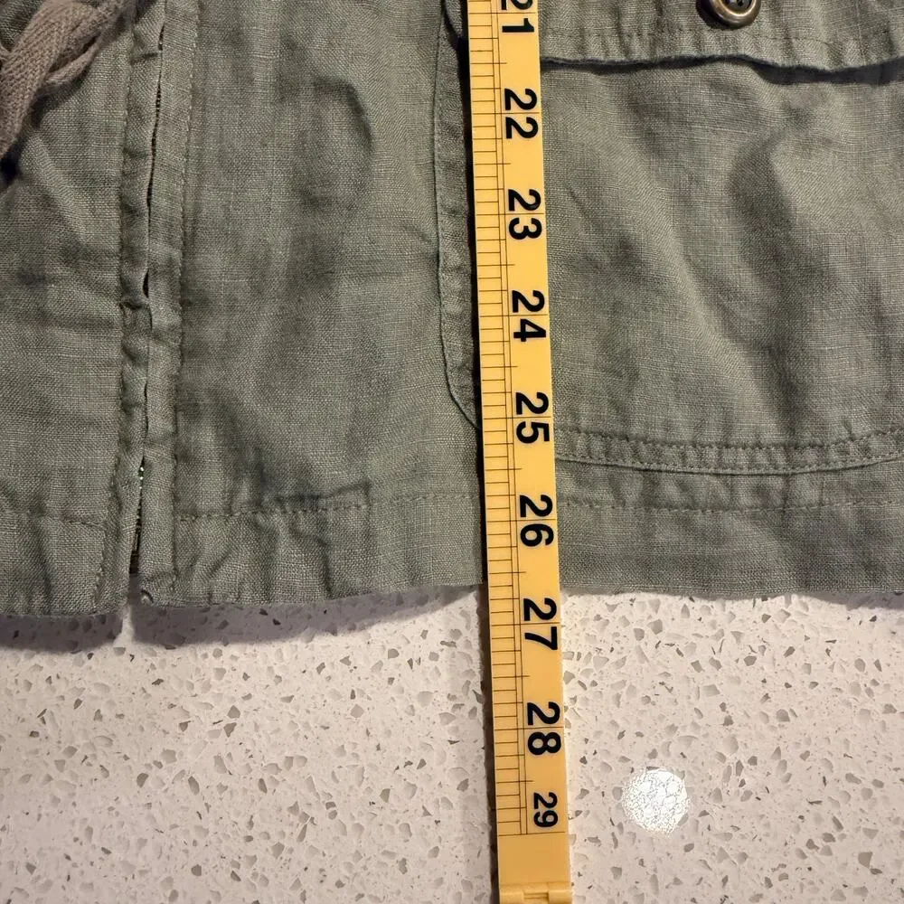 St Tropez West Olive Green 100% Linen Utility Jacket Large Coastal Safari Chic